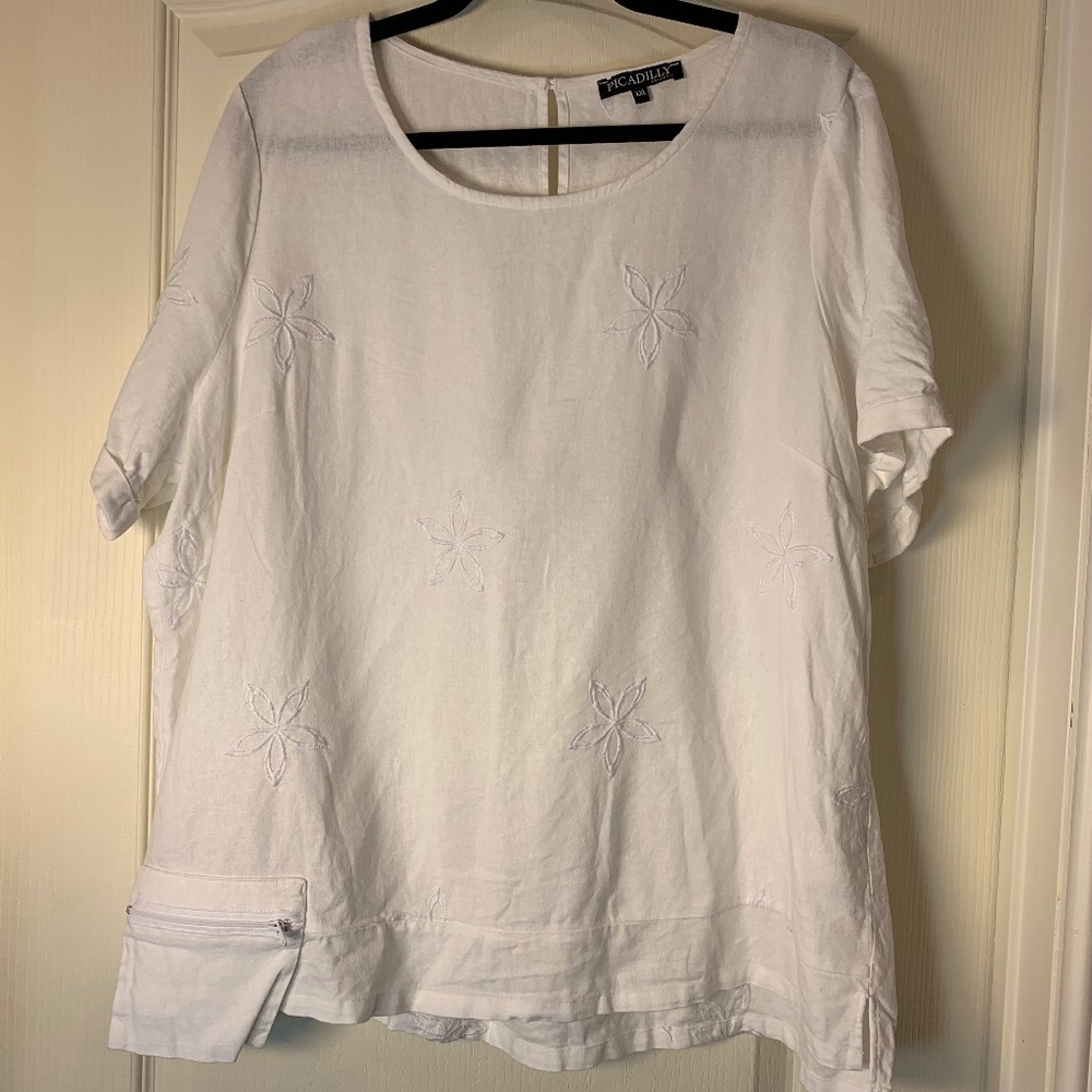 Linen Blend White Embroidered Blouse XXL Lightweight Summer Top Picadilly Canada